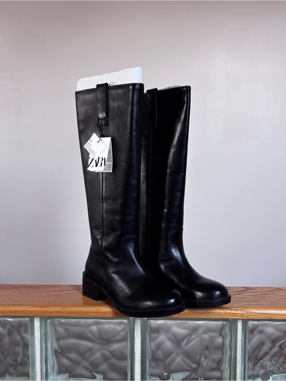 Zara Black Genuine Leather Knee-High Riding Boots size 6
